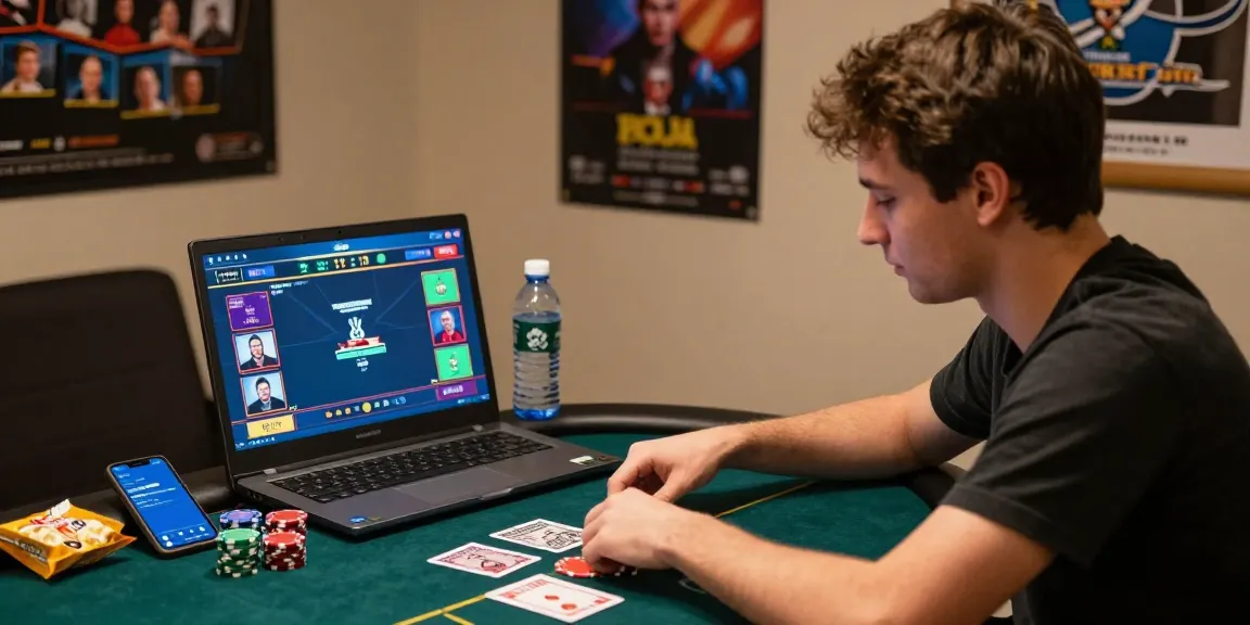 Engaged player enjoying an intense Login Domino88 poker game on laptop, with cards and chips in a cozy atmosphere.