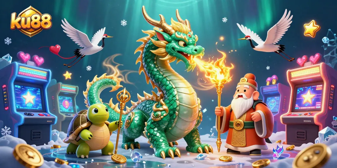 Engage with ku88's vibrant gaming scene featuring a dragon, turtle sage, cranes, and arcade elements.