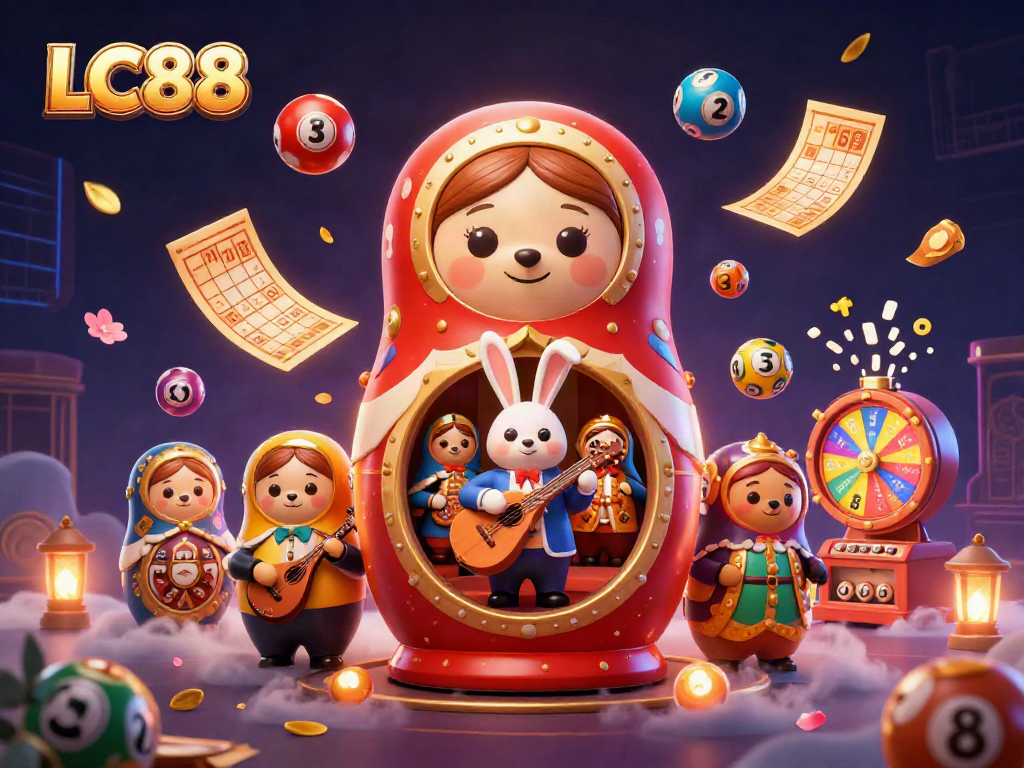 Experience excitement with LC88 as colorful lottery balls burst in a vibrant casino scene.