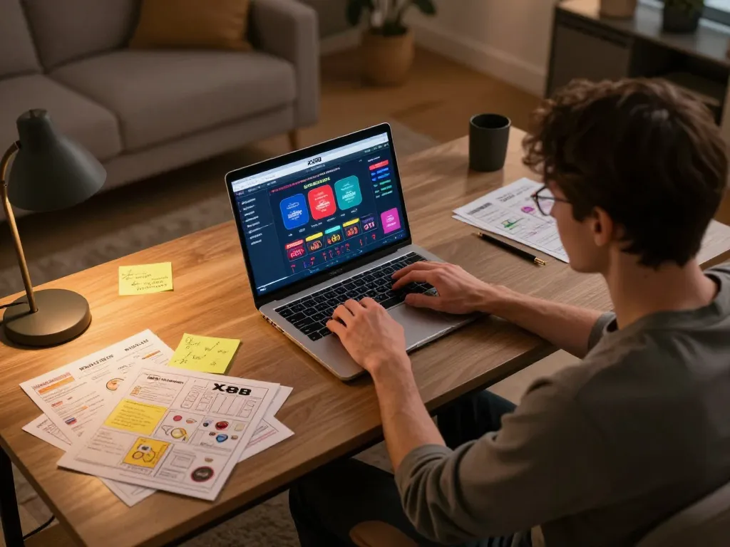 Engaging in an online casino game at home using XX88 platform, showcasing strategic betting.