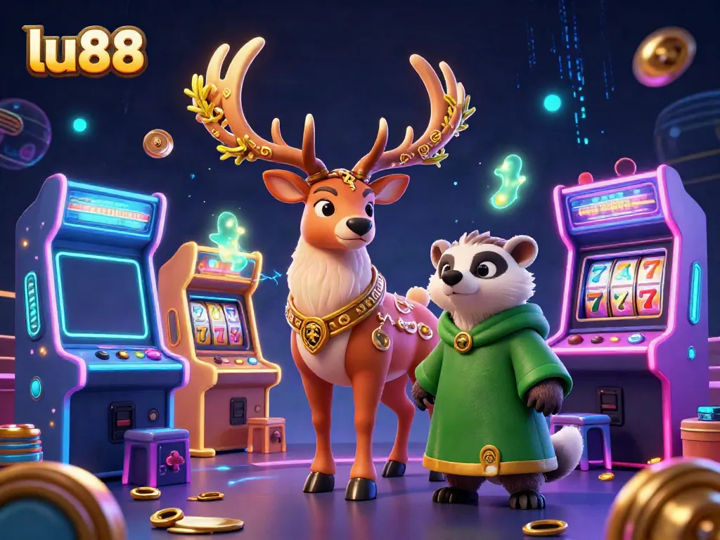 Engage in thrilling gameplay at lu88 with illuminated arcade machines and dynamic characters.