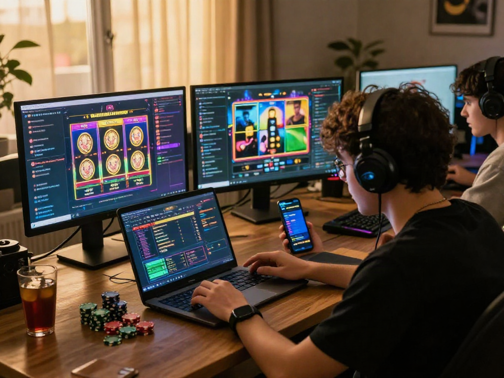 Engaging scene of a gamer using 먹튀스팟 to analyze betting odds in a lively online gambling environment