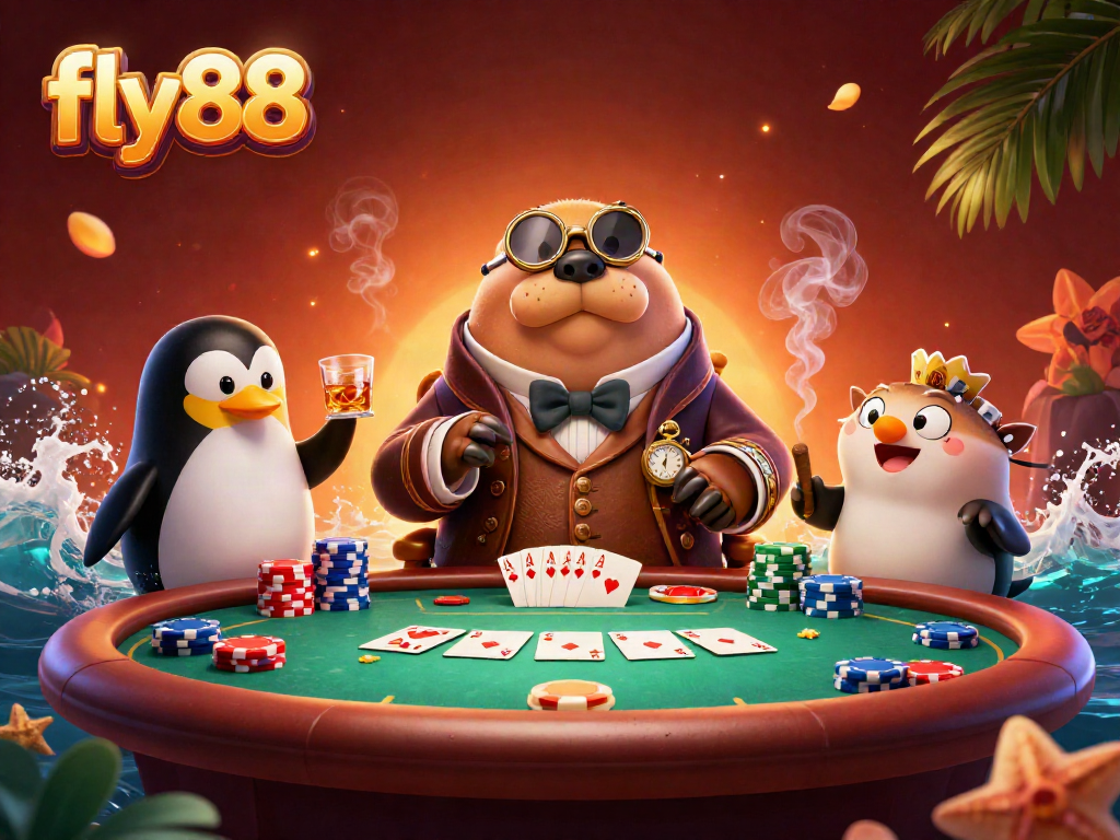Experience thrilling poker action at fly88 with a jolly walrus and friends in an underwater scene.