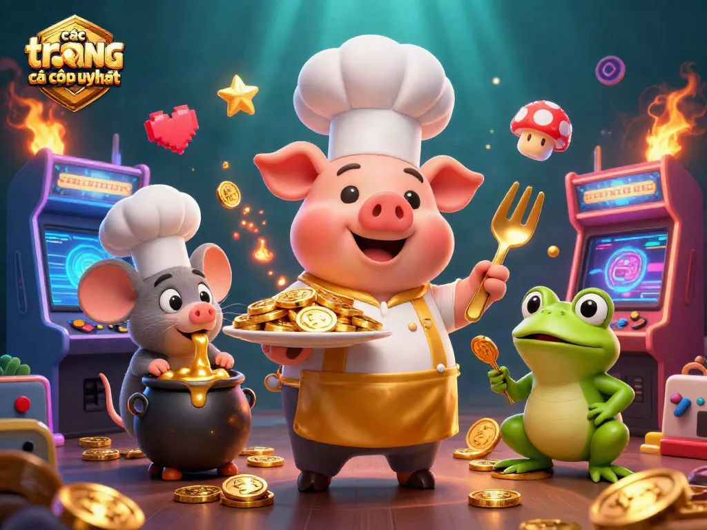 Các trang cá cược uy tín với những hình ảnh sinh động về đầu bếp heo và các nhân vật vui nhộn trong bối cảnh casino