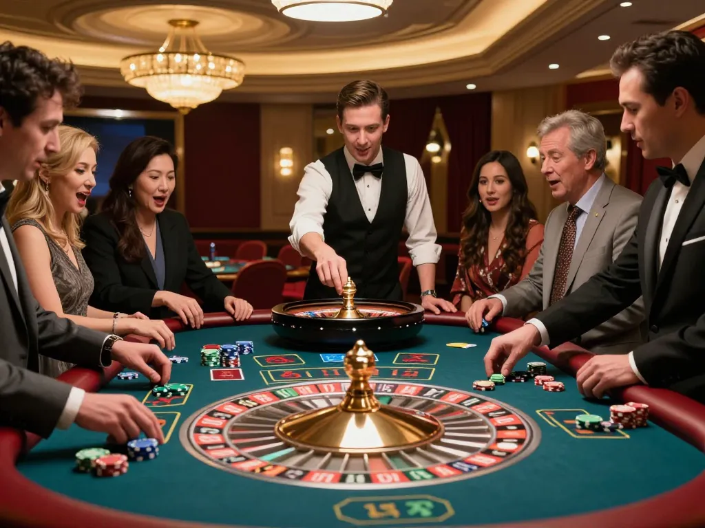 Players engaging in strategic betting at the roulette table, highlighting hay88x excitement and luxury ambiance