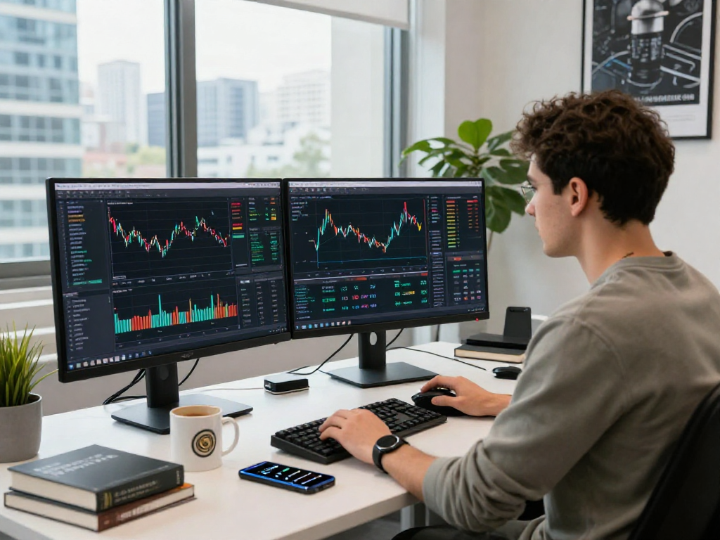 Escena de desarrollo de software de Immediate Edge con gráficos de trading en pantalla y ambiente moderno.