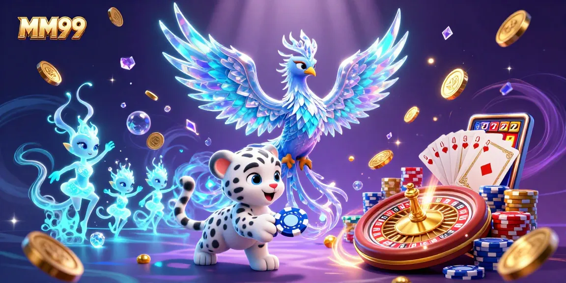 Experience MM99 gameplay with vibrant characters and dynamic casino elements in a captivating 3D illustration.