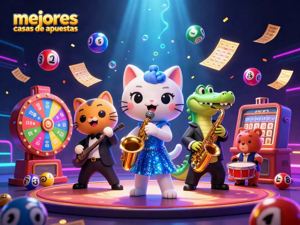 Visualiza las mejores casas de apuestas en acción, con elementos vibrantes de juego y personajes animados.