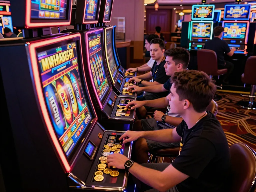 Players excitedly engaging with slot bet 200 machines in a lively casino atmosphere.