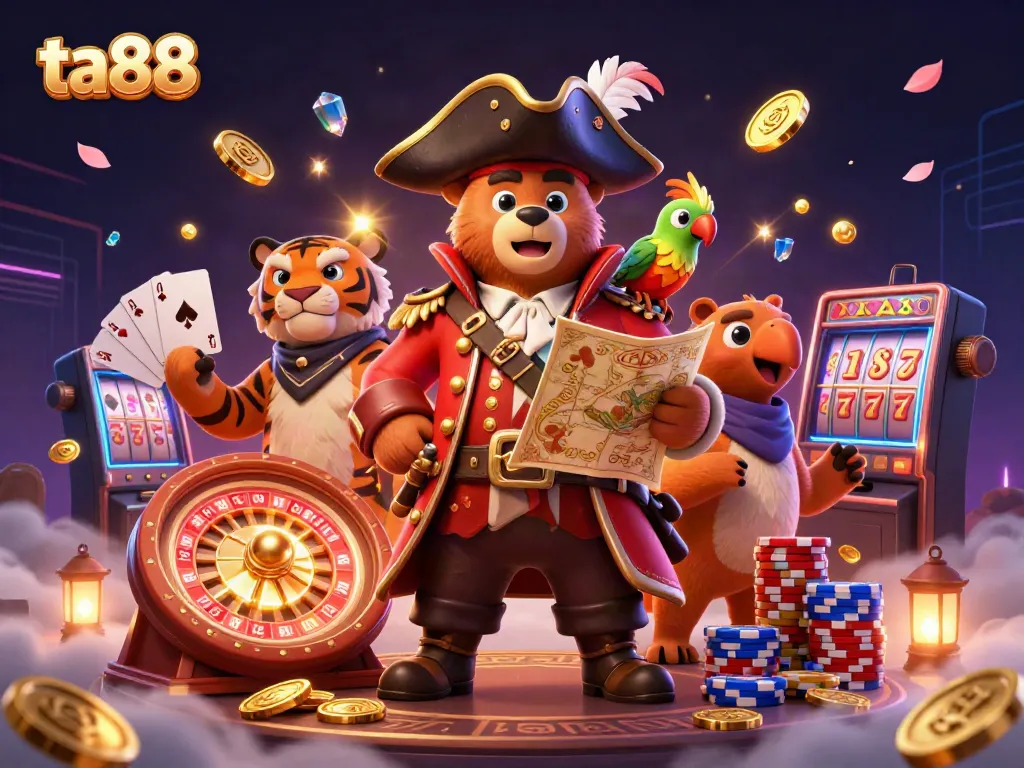 Experience the thrill of ta88 with a pirate captain bear, colorful poker chips, and cascading coins in an exciting casino illustration.