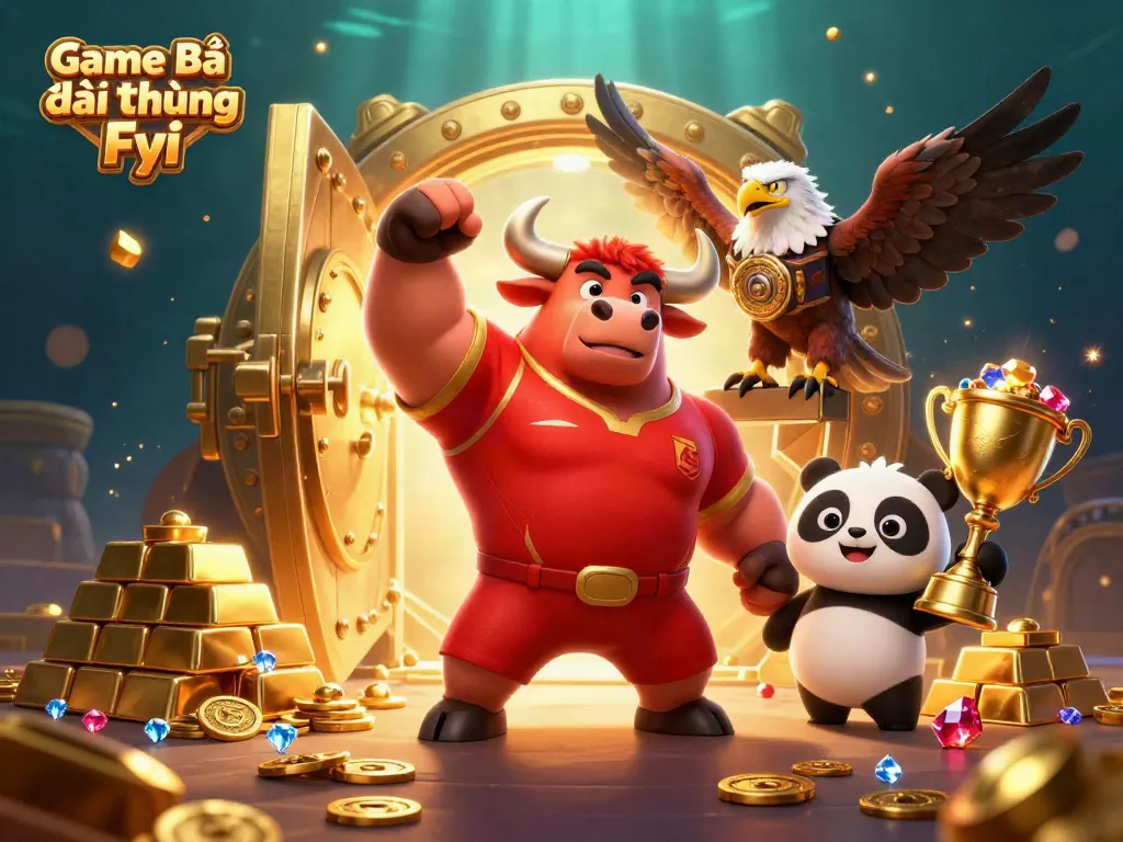 Experience vibrant casino excitement with 'Game Bài Đổi Thưởng Fyi', featuring dynamic characters and a treasure-filled backdrop.