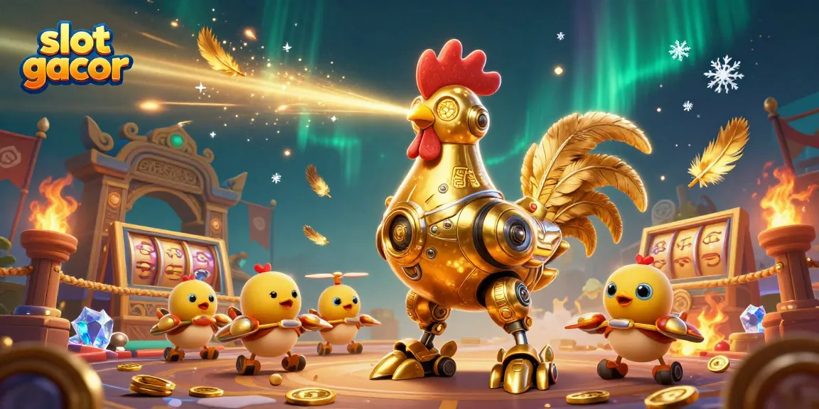 Win big with slot gacor at this action-packed casino gaming scene featuring golden rooster and baby chick drones.