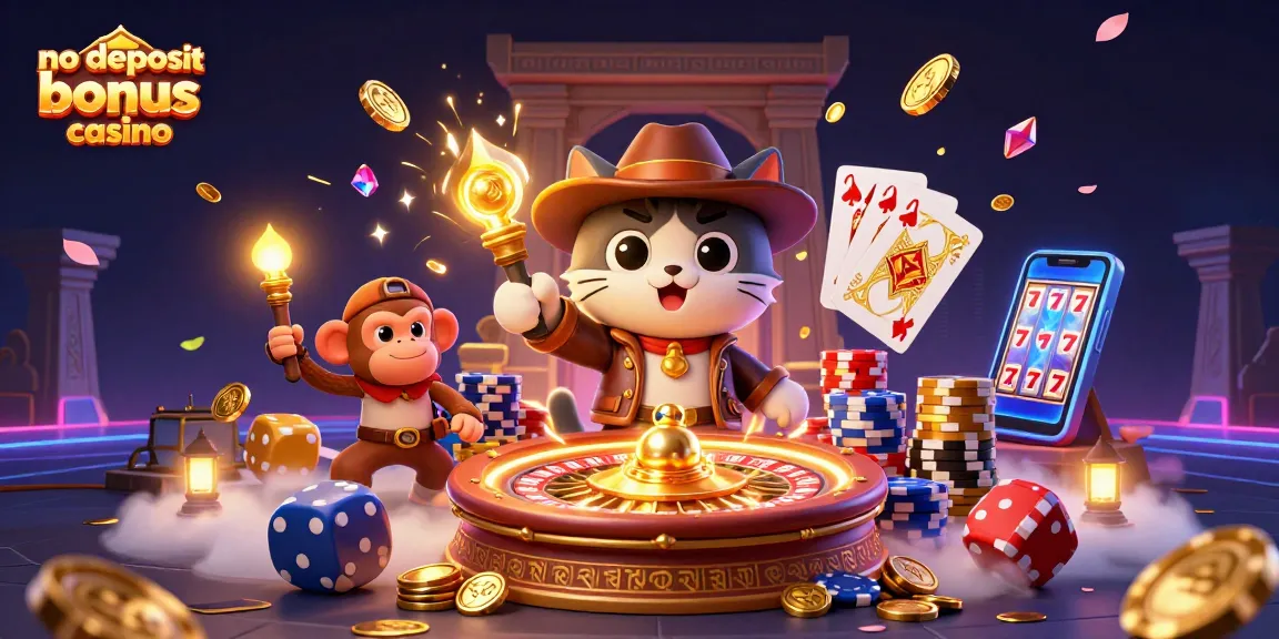 No deposit bonus casino scene featuring a cat archaeologist and monkey companion with casino artifacts.