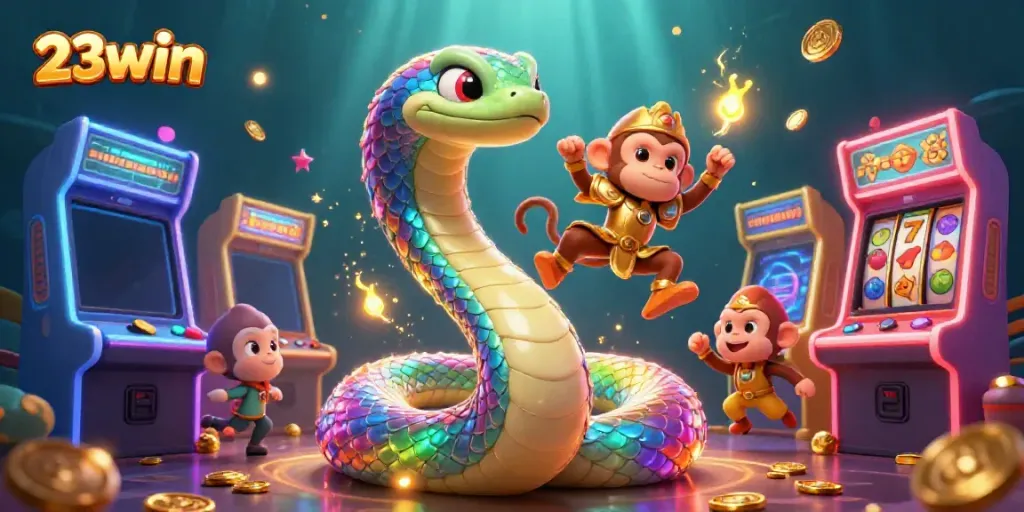 Experience 23win's vibrant casino adventure featuring a colorful rainbow serpent and monkey king.