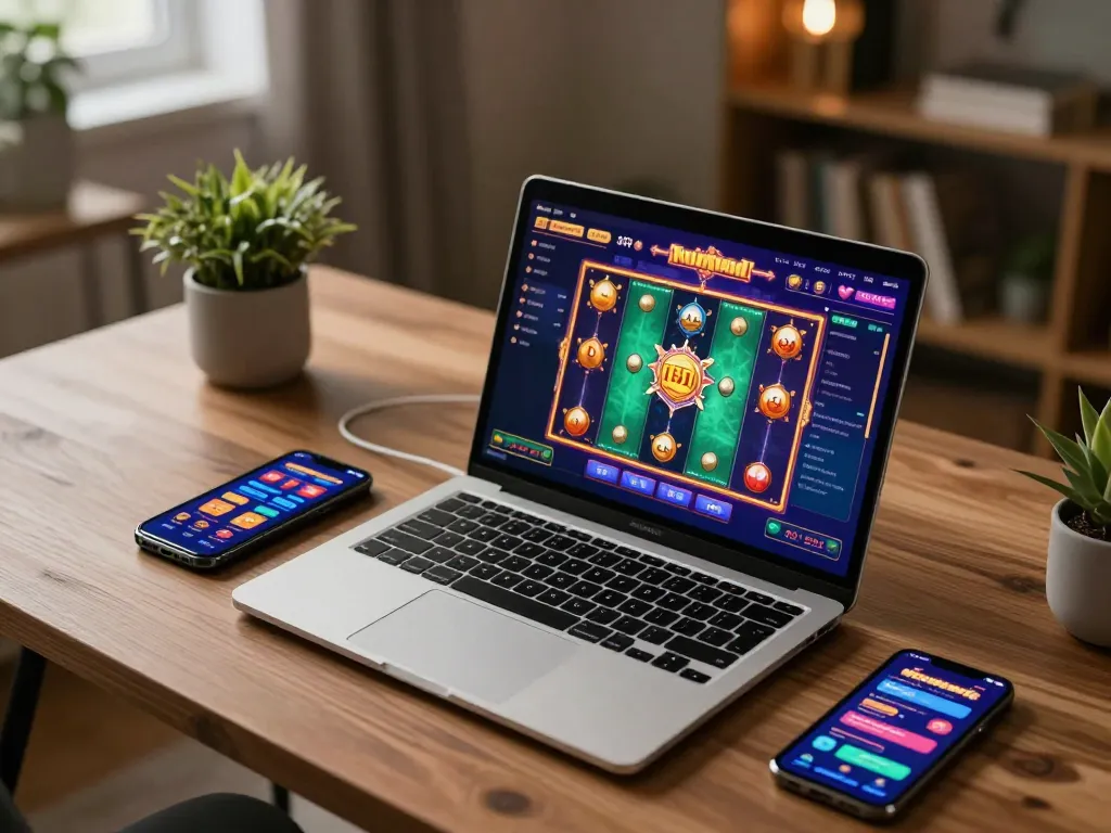 Enjoying top game bài đổi thưởng at home with an inviting laptop setup and casino app notifications