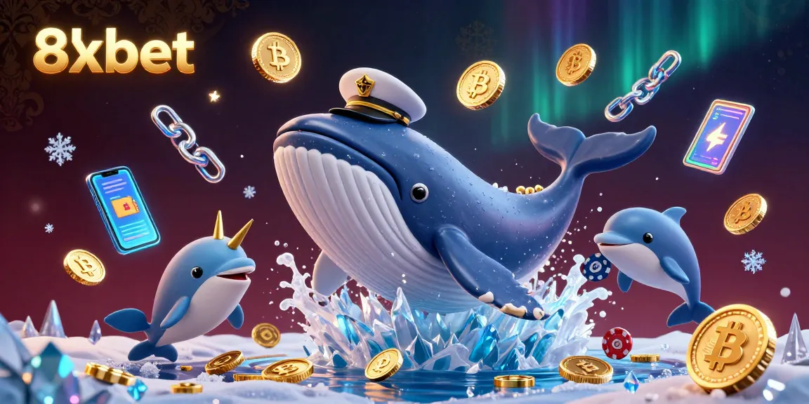 Engage with 8xbet's captivating digital casino scene featuring a whale, cryptocurrencies, and vibrant gaming elements.