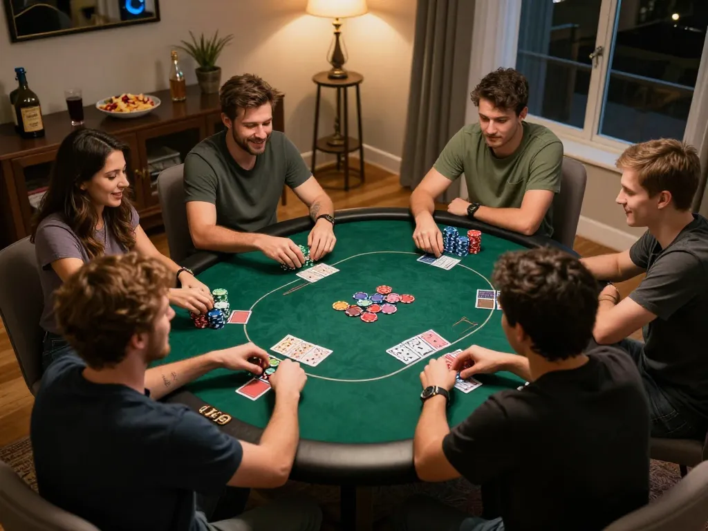 Poker enthusiasts enjoying a friendly game night while embracing the spirit of votekindness through fun and strategy.