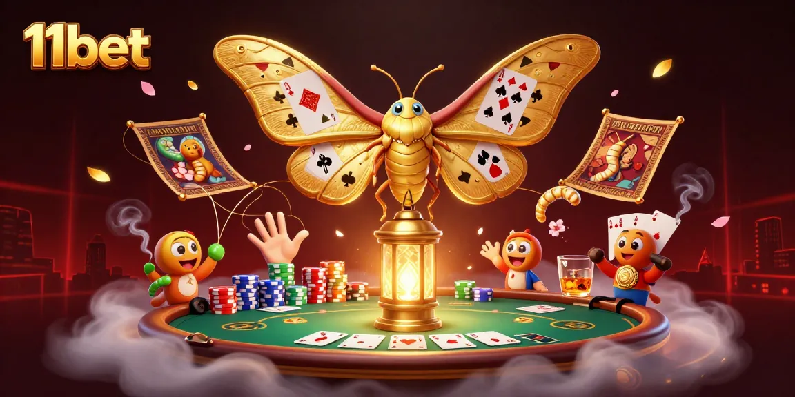11bet showcases a vibrant casino scene with a majestic atlas moth amidst cards and chips.