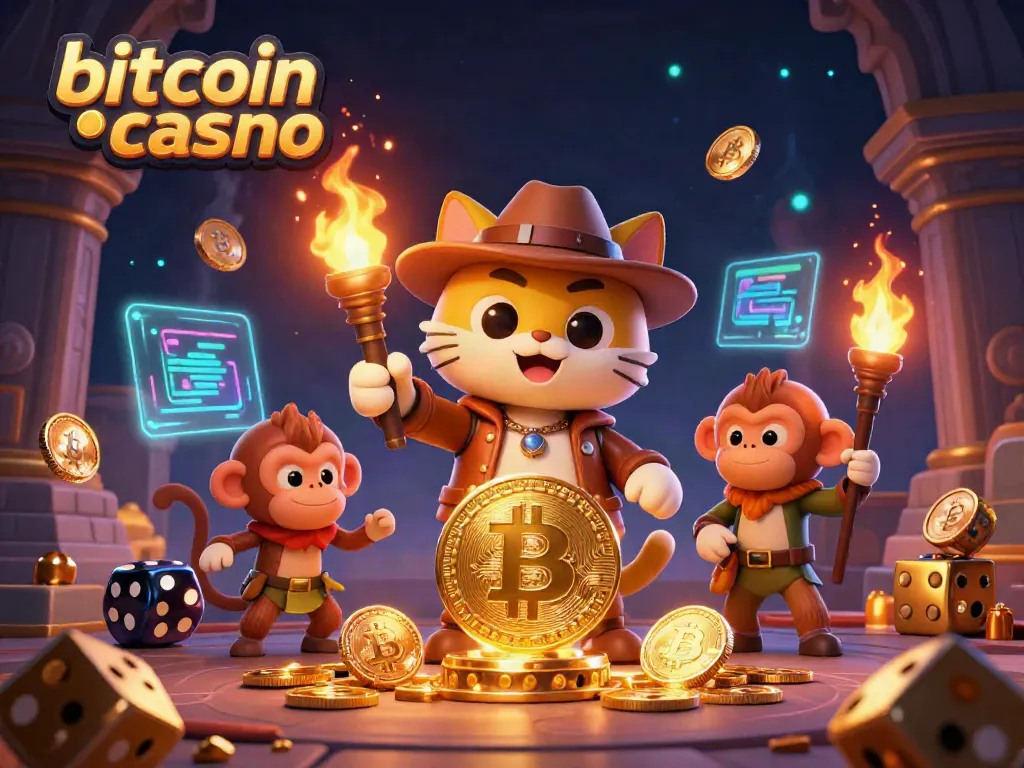 Experience the excitement of a bitcoin casino with a dynamic scene highlighting a treasure discovery by a cartoon explorer cat.