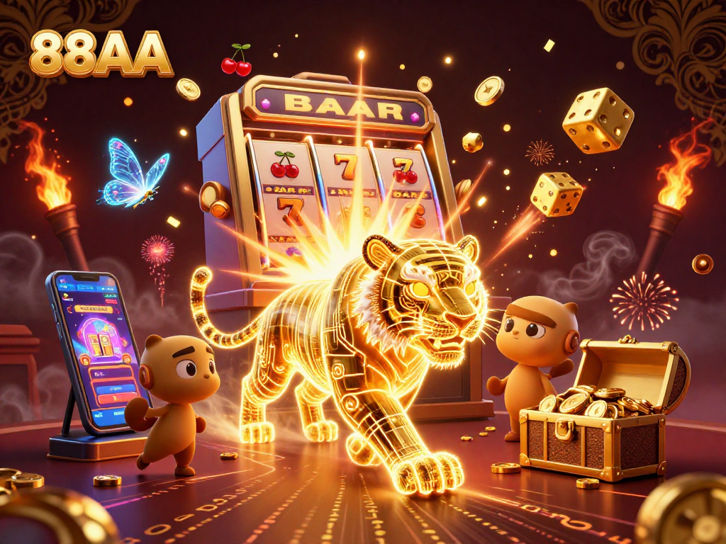 Experience the thrill of winning at 88AA with a dynamic 3D casino scene filled with rich game elements.