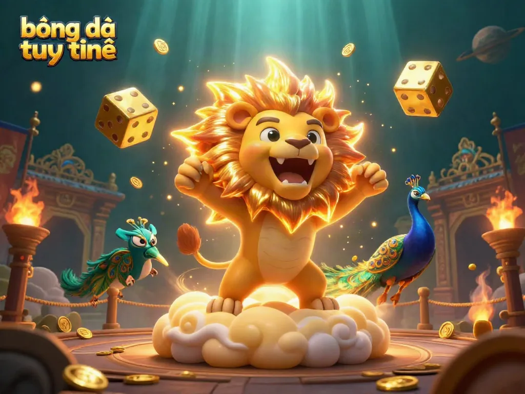 Engage with bóng đá trực tuyến featuring a roaring sun lion, golden dice, and vibrant betting elements.