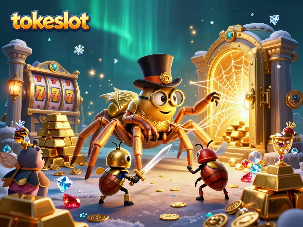 Tokeslot features a vibrant 3D illustration of a golden tarantula in a casino setting, surrounded by treasure and players.