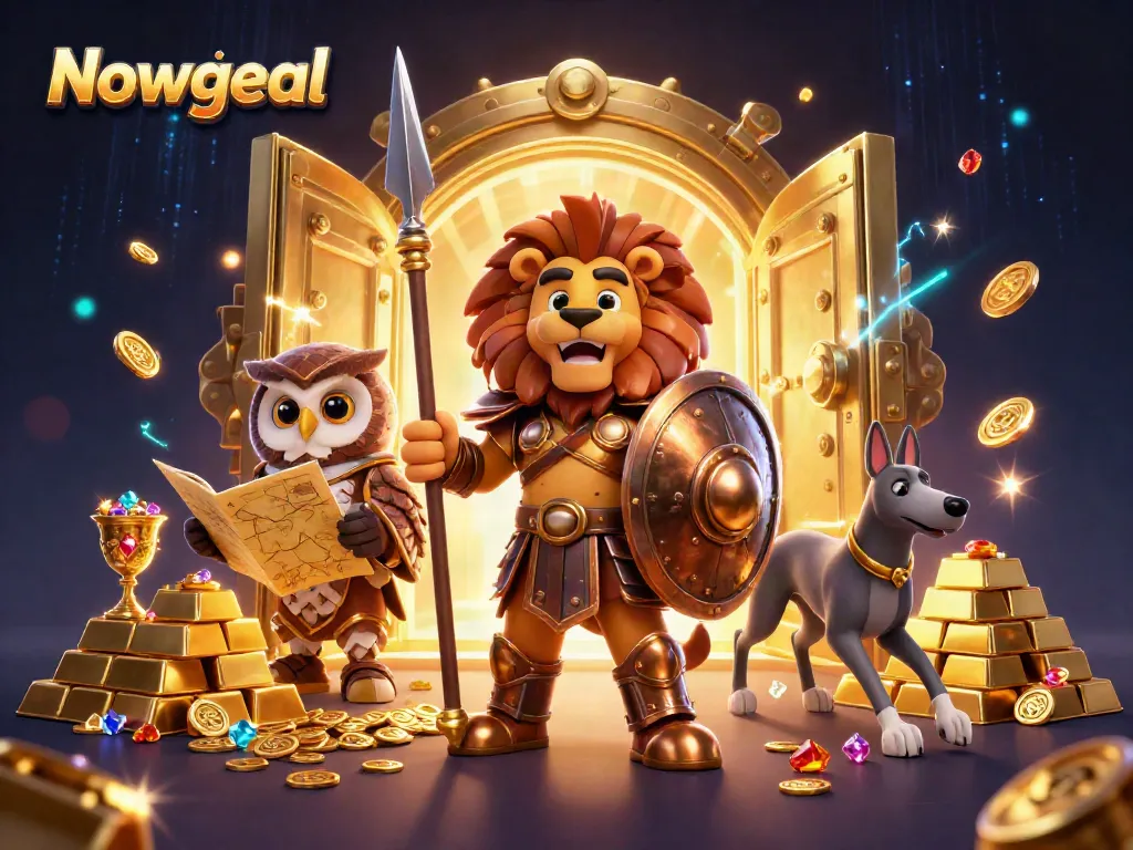 Nowgoal features a Spartan lion, owl strategist, and greyhound messenger surrounded by dynamic casino treasures and vibrant effects