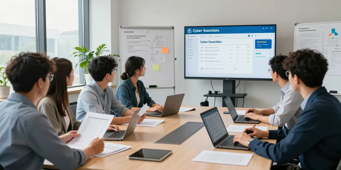 Team discussing cyber essentials requirements in a modern office environment with compliance documents and digital displays.