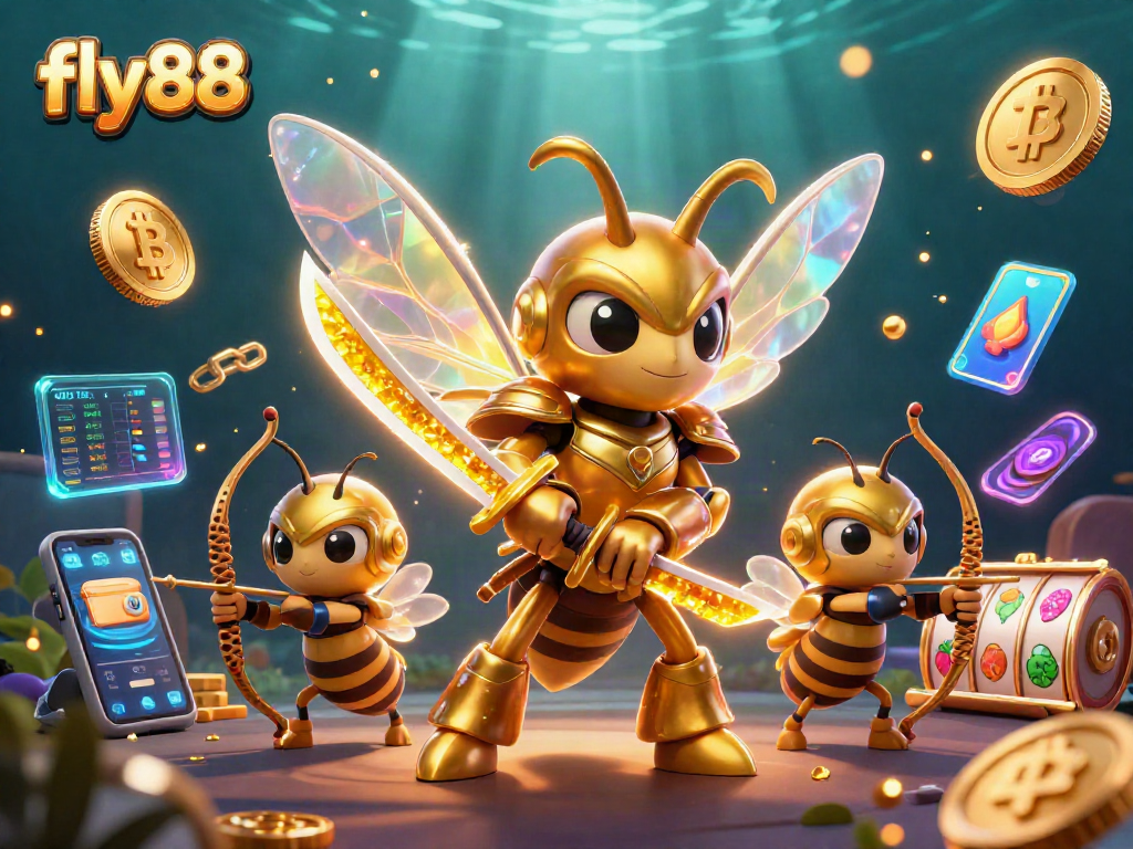 Engage with fly88 in a vibrant illustration of entangled gaming devices, slot reels, and crypto coins.