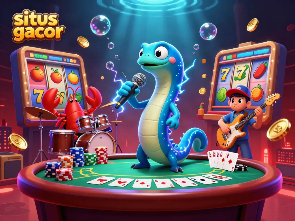 Pemain slot gacor merayakan kemenangan dengan jackpot dan simbol beruntung di kasino bawah laut.