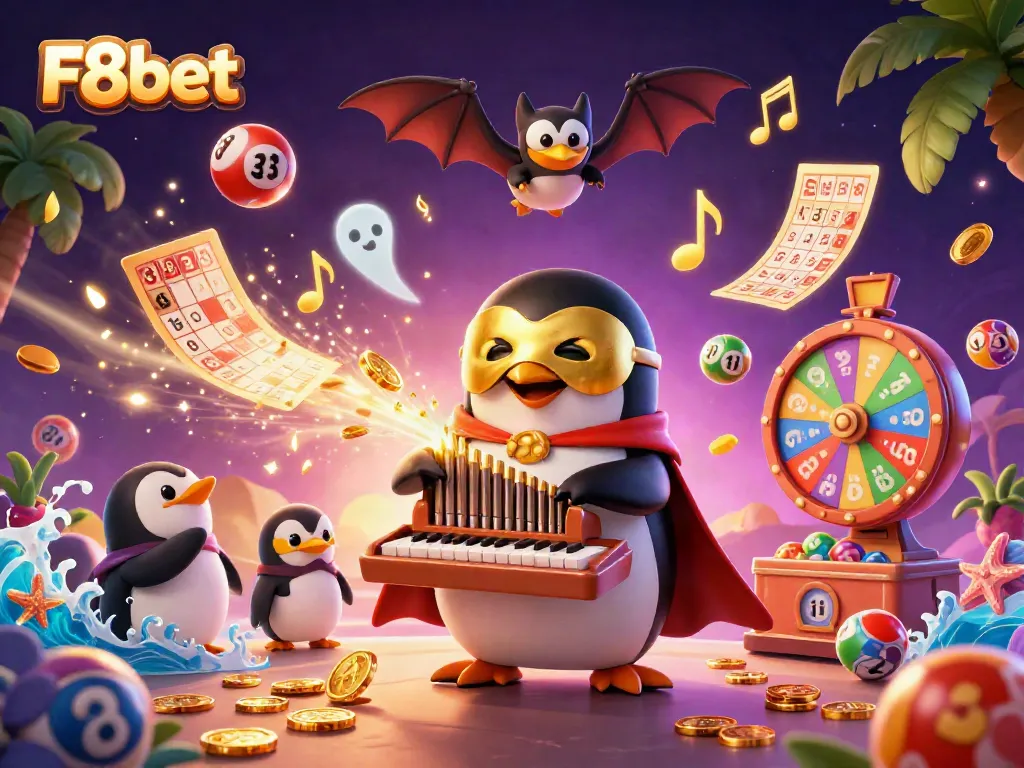 Experience thrilling gameplay at F8bet with a cartoon penguin organizing a vibrant casino scene filled with lottery balls and golden coins.
