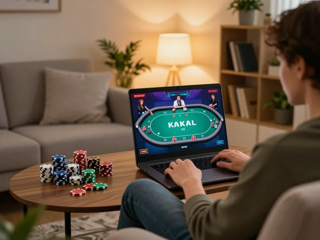 Sunwin player enjoying online poker at home, with poker chips and strategic notes on coffee table.