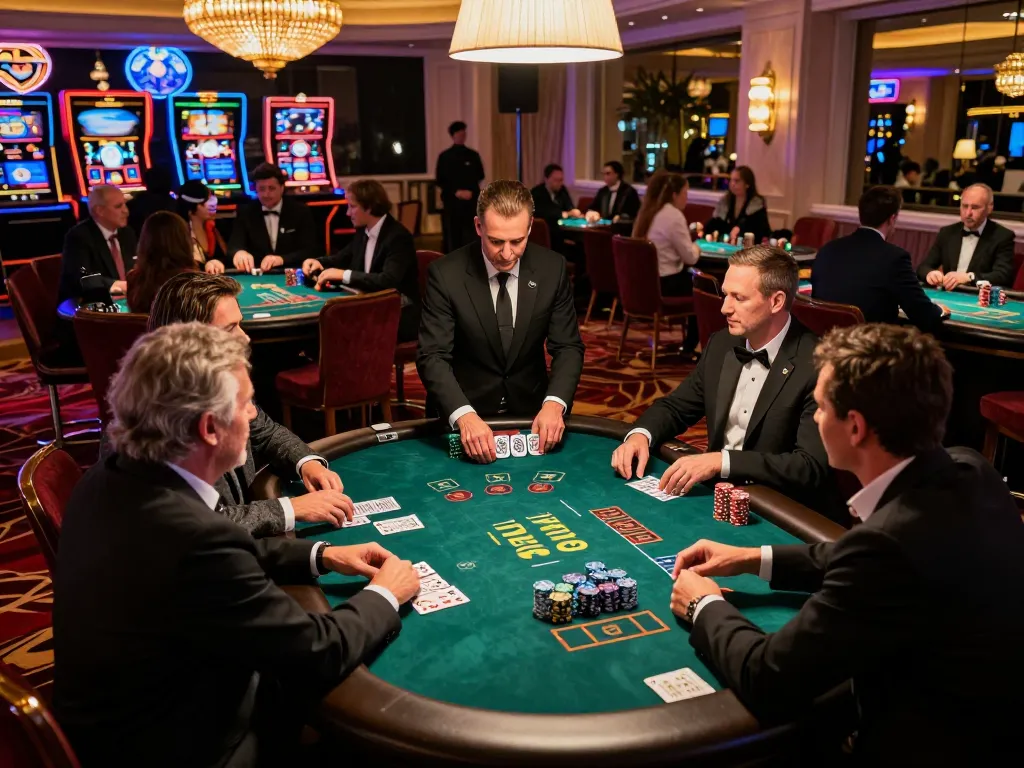 Players in a stylish Vegas casino engage in a blackjack game at donkeyotdenver, thrill and camaraderie evident