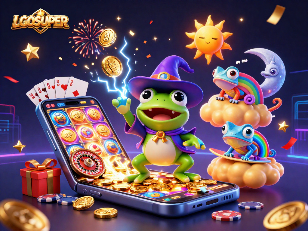 Engage with LGOSUPER's vibrant slots and games as the frog wizard conjures gold coins.