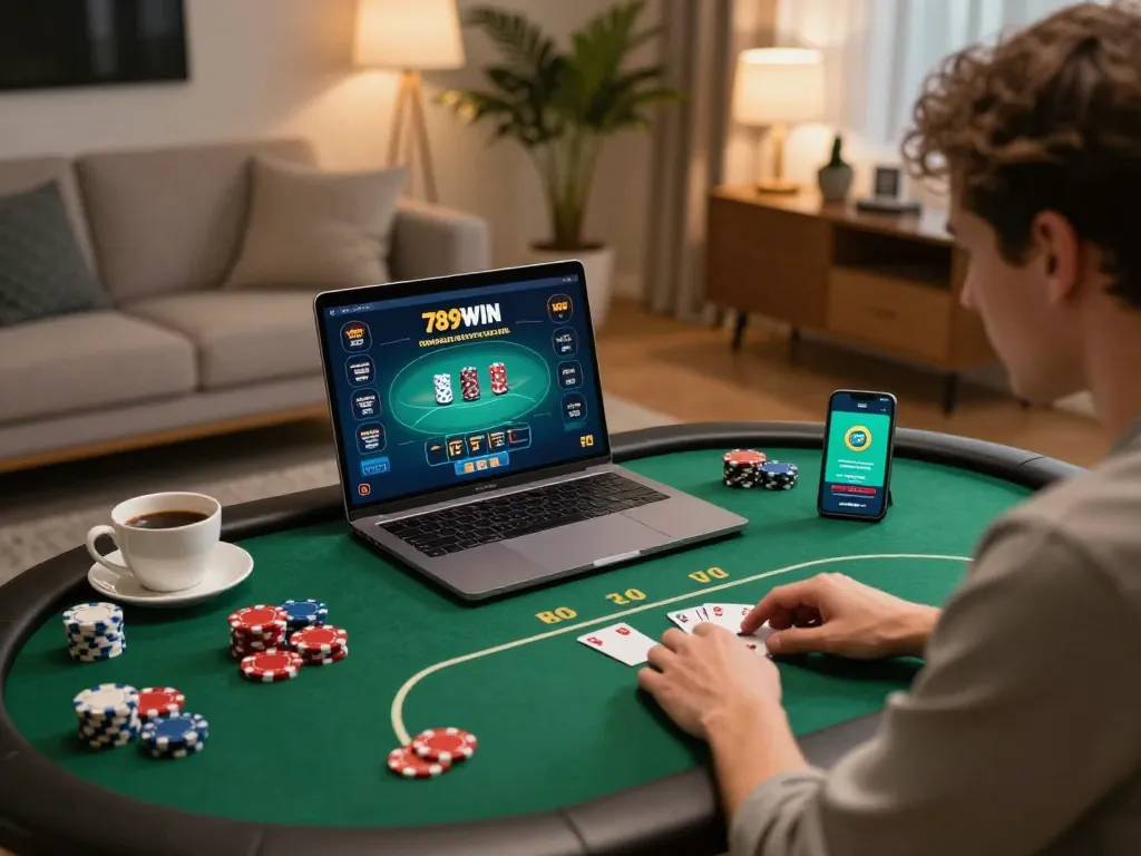 Engaging in intense poker gameplay on 789WIN's online platform in a cozy home setting.