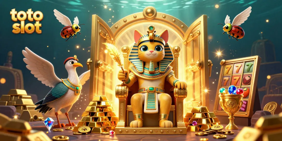 Spin the reels on toto slot with a cartoon pharaoh cat and treasures in a vibrant casino scene.