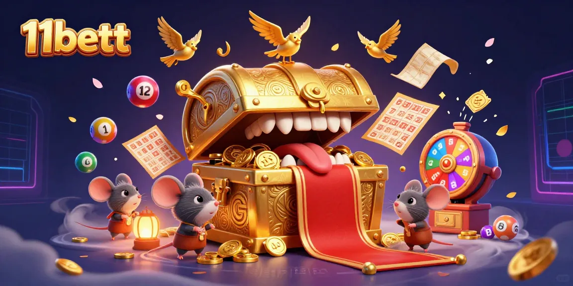 Explore the excitement of 11bett with a vibrant casino-themed illustration bursting with game elements.