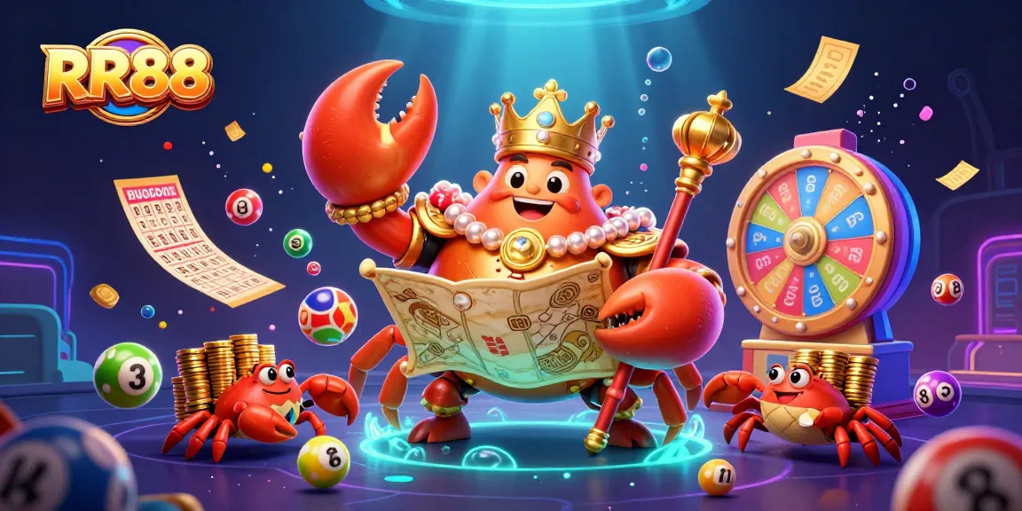 Experience the excitement of RR88 with a vibrant scene of a golden crab emperor and lottery elements