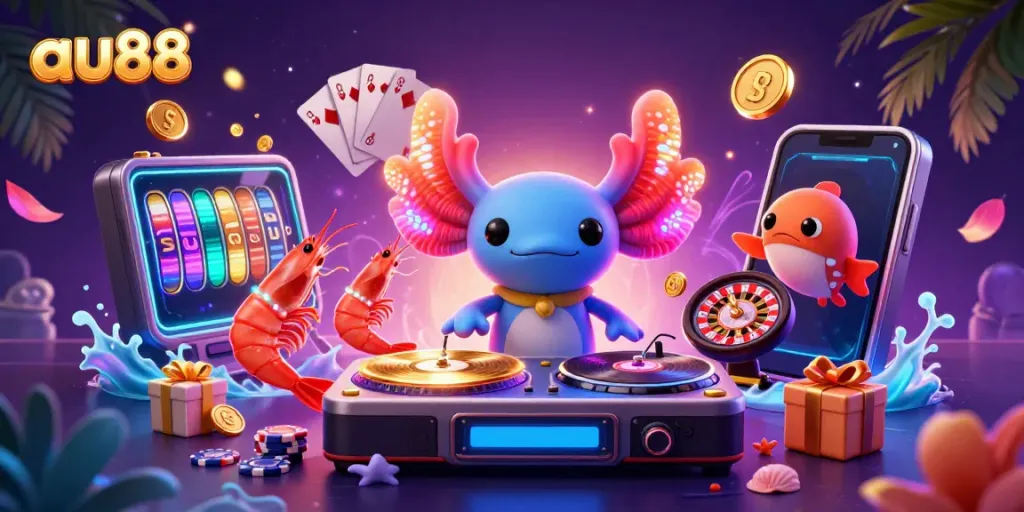 Experience vibrant gaming excitement with au88's colorful casino scenes featuring the lively axolotl DJ.