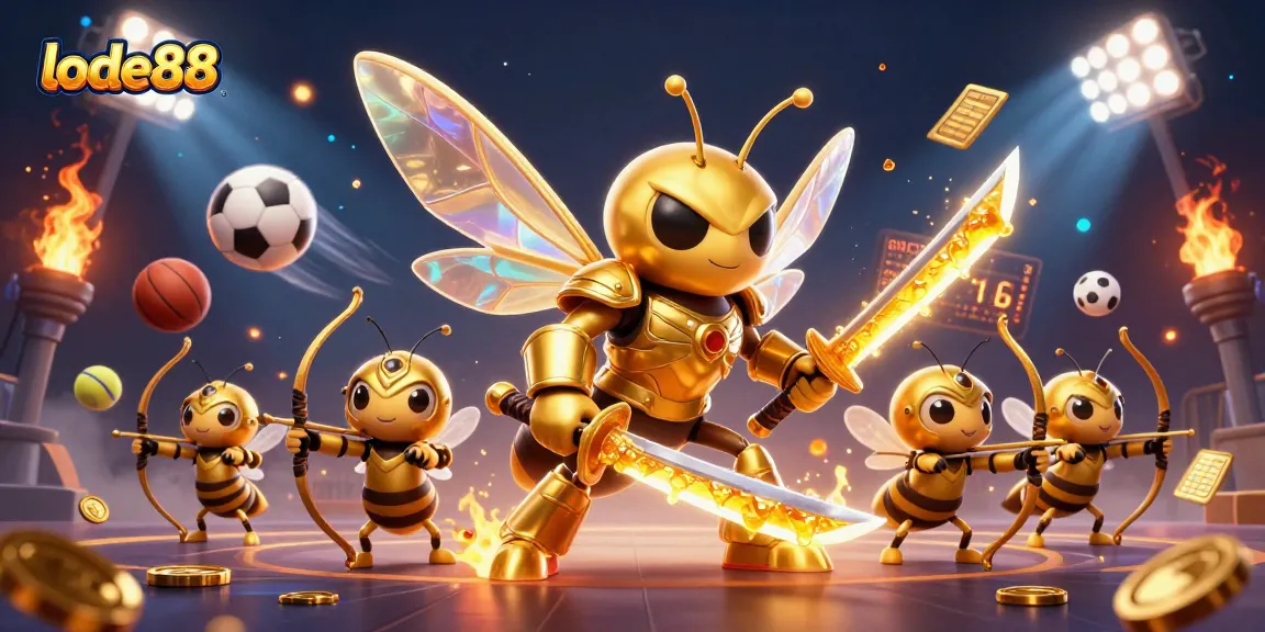 Experience thrilling gameplay at lode88 with a dynamic scene of golden hornet and sports elements.