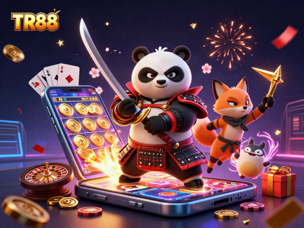 Engage in thrilling casino excitement with TR88 as samurai panda and ninja fox play games.