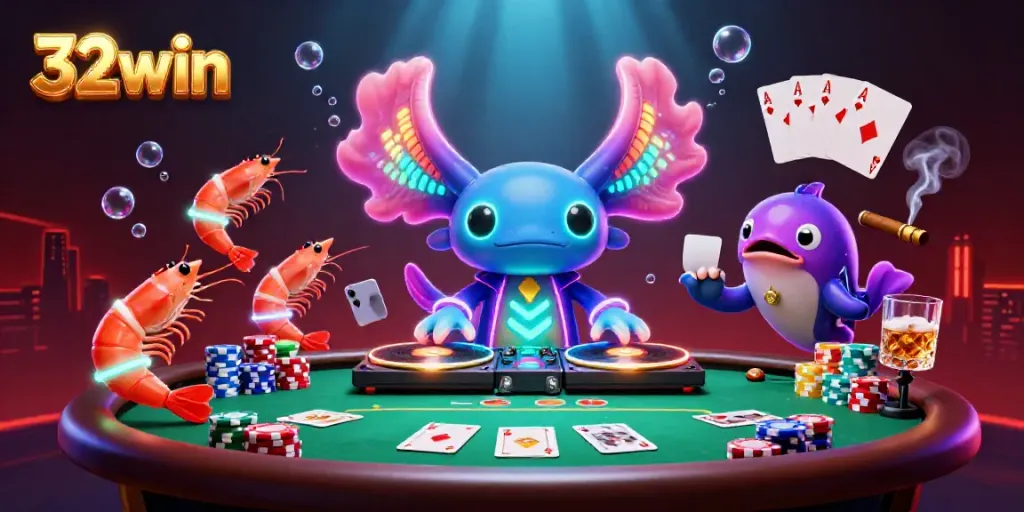 Experience vibrant casino fun with 32win's dynamic scene featuring a lively DJ, poker elements, and underwater glow.