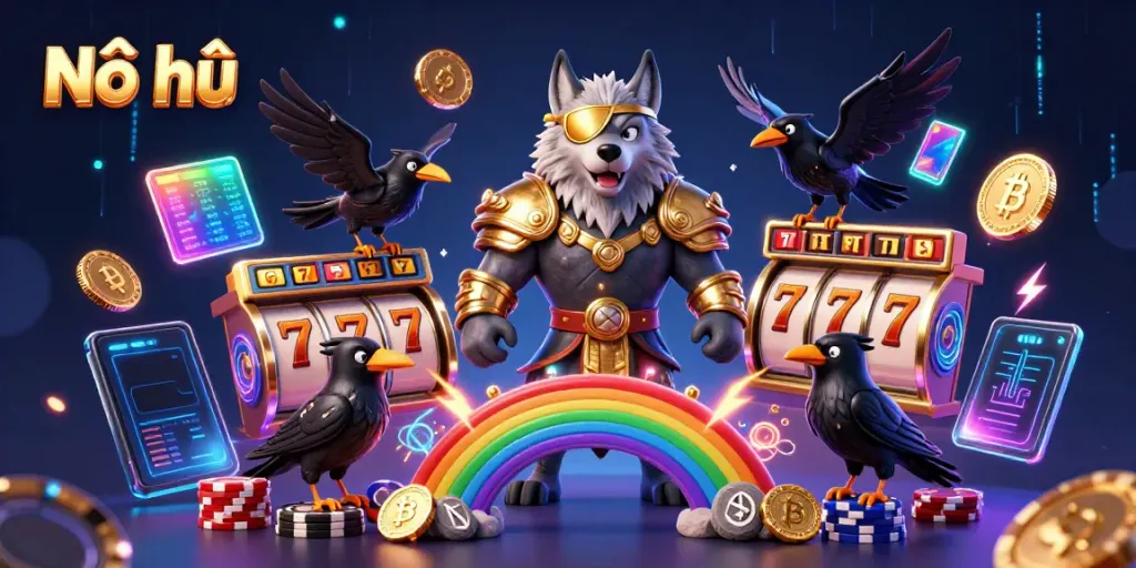 Experience the thrill of Nổ hũ with Odin and ravens amidst dynamic slot elements and crypto coins.