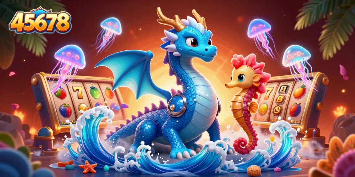 Experience thrilling gameplay at 45678 with a vibrant 3D casino scene showcasing a water dragon and colorful slot elements.
