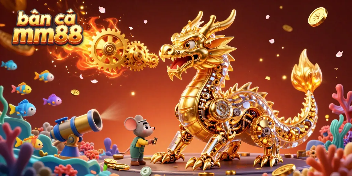 bắn cá mm88 shows a vibrant underwater dragon scene with gold coins and shooting fish game elements.