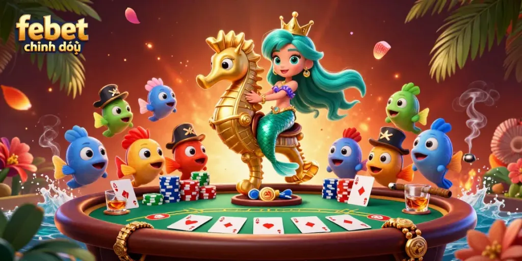 Experience febet chính thức with thrilling 3D casino action featuring a mermaid and poker elements.