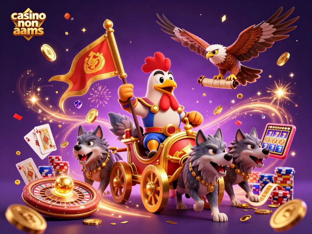 Casino non AAMS in un’illustrazione vibrantemente dettagliata con un rottame di guerra e simboli dell'azzardo.
