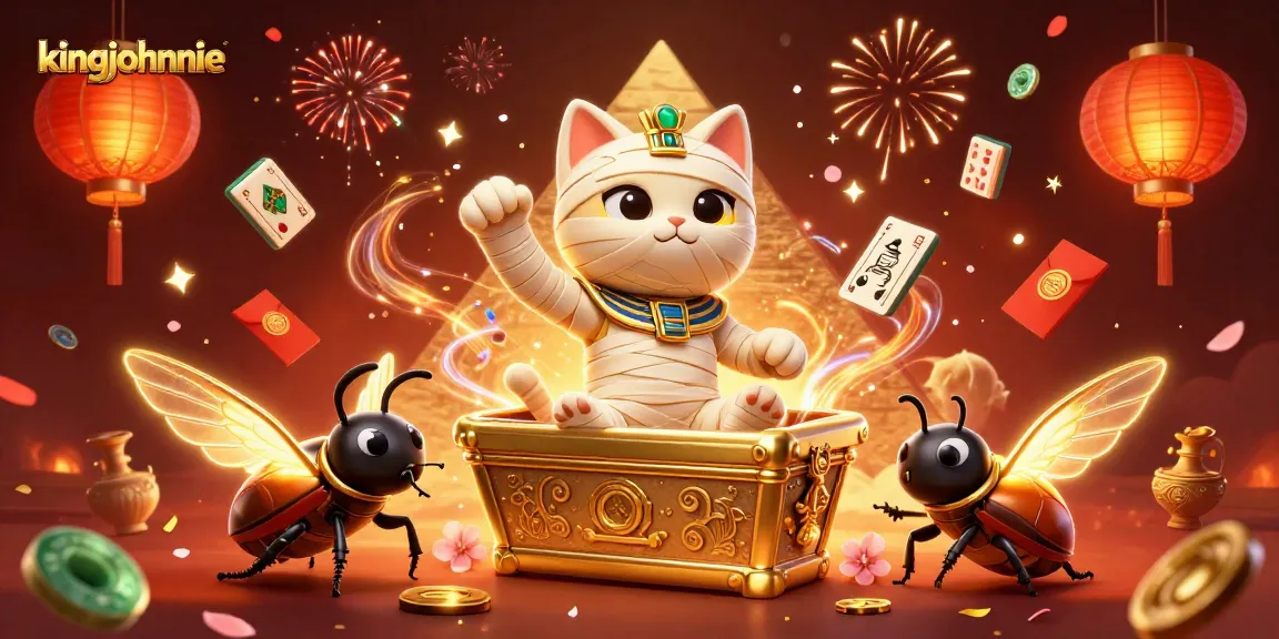 kingjohnnie casino illustration featuring a mummy cat and glowing scarab amidst vibrant gambling elements.