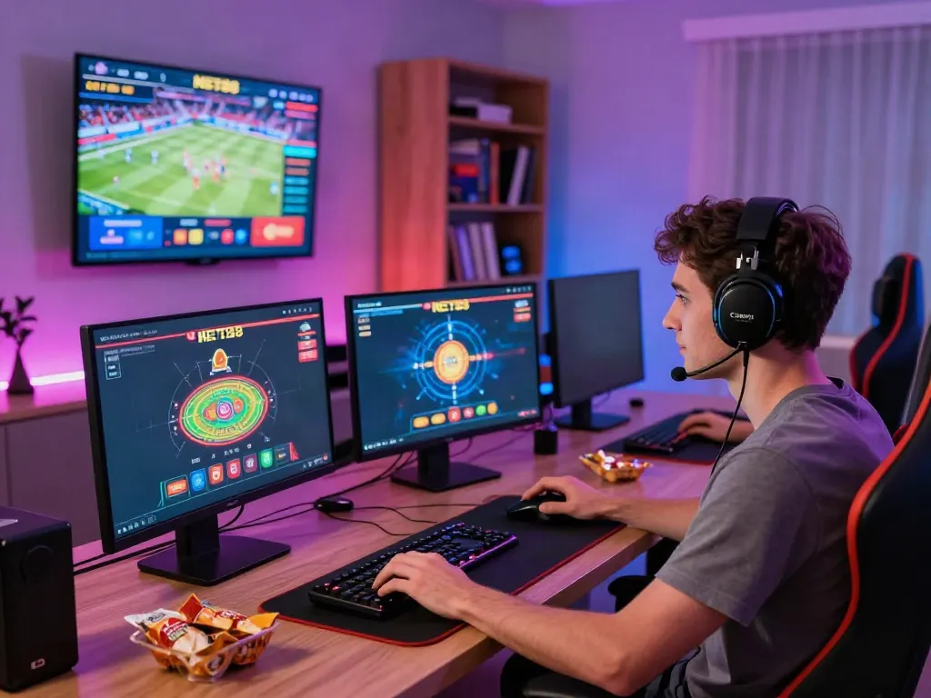 Engaged user playing NET88 casino games in a modern gaming room.