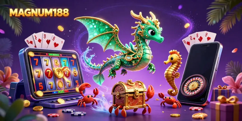 Engage with MAGNUM188's dynamic casino scene featuring a shimmering emerald dragon and thrilling gaming elements.